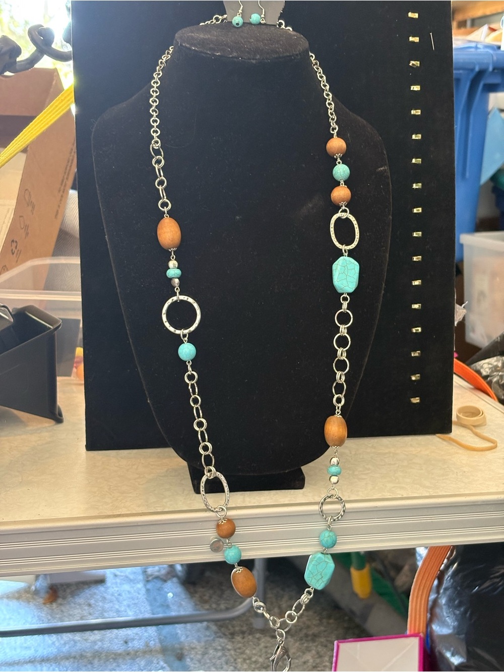 Turquoise Bead & Wood Long Necklace with lanyard Silver Rings